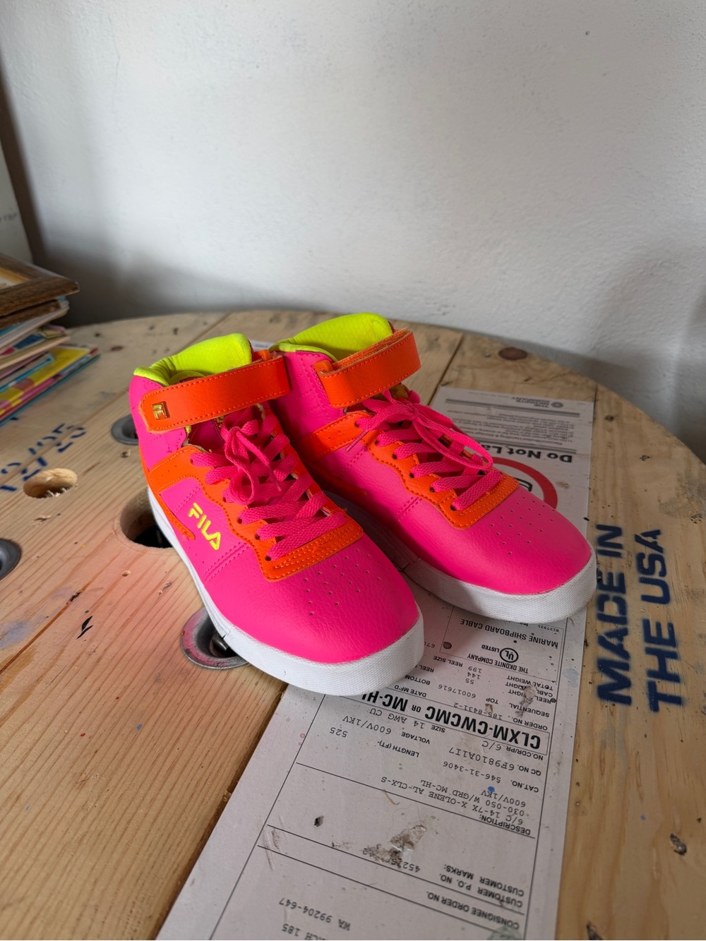 FILA Kids' High-Top Sneakers in Neon Pink and Orange